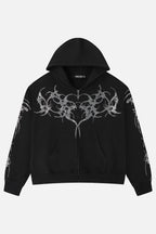 Women's black zip-up hoodie with rhinestone wing and thorn graphics