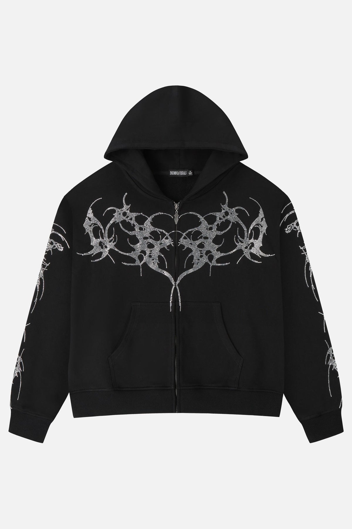 Women's black zip-up hoodie with rhinestone wing and thorn graphics