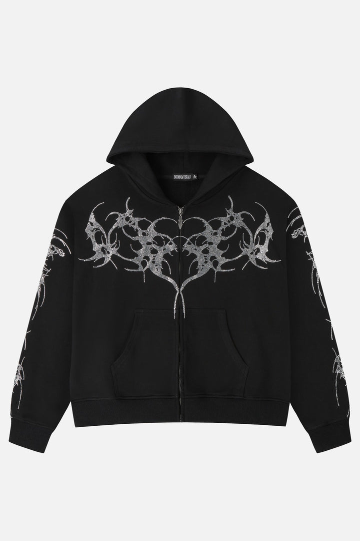 Women's black zip-up hoodie with rhinestone wing and thorn graphics
