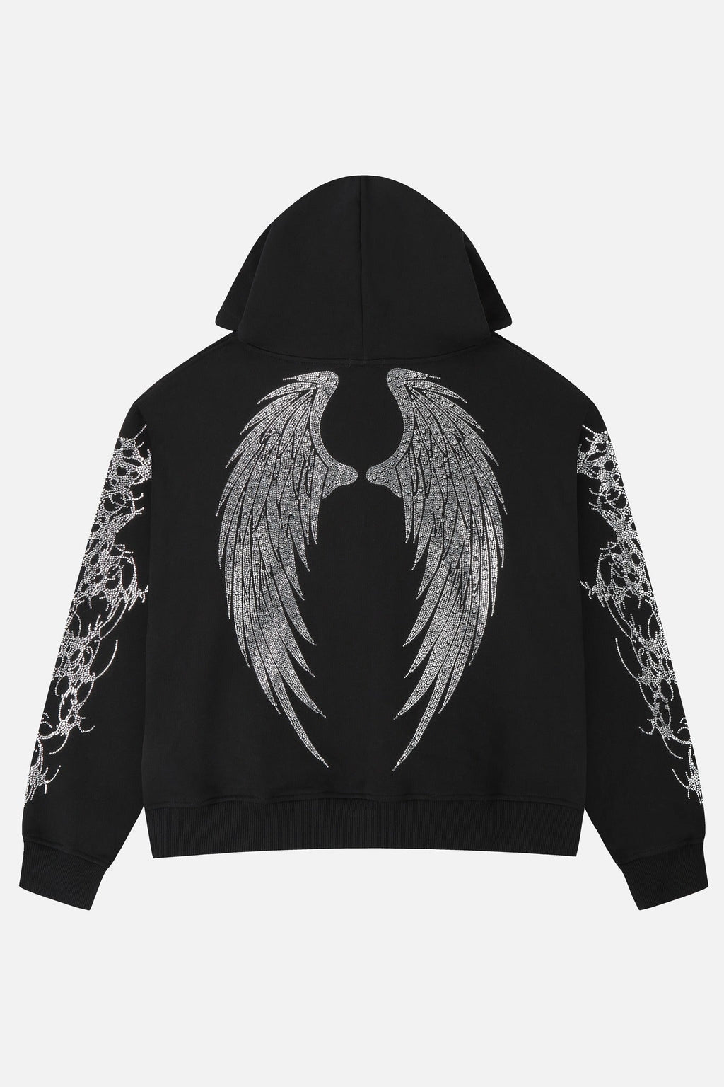 Women's black zip-up hoodie with rhinestone wing and thorn graphics