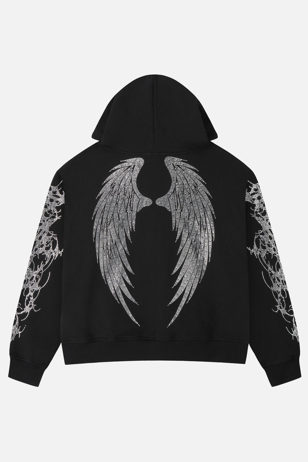 Women's black zip-up hoodie with rhinestone wing and thorn graphics