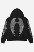 Women's black zip-up hoodie with rhinestone wing and thorn graphics
