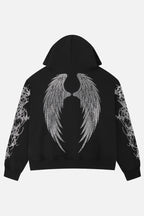 Women's black zip-up hoodie with rhinestone wing and thorn graphics