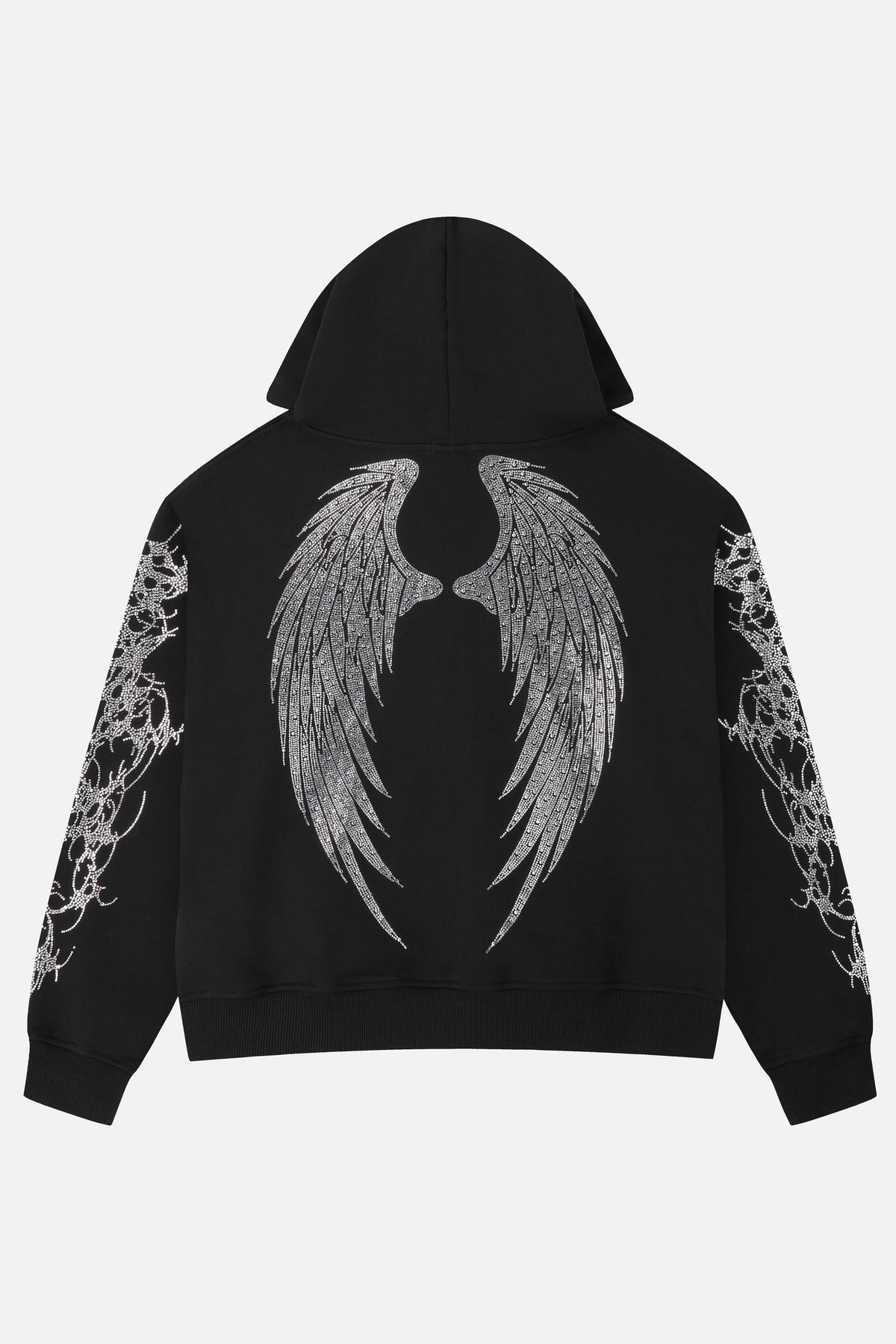 Women's black zip-up hoodie with rhinestone wing and thorn graphics