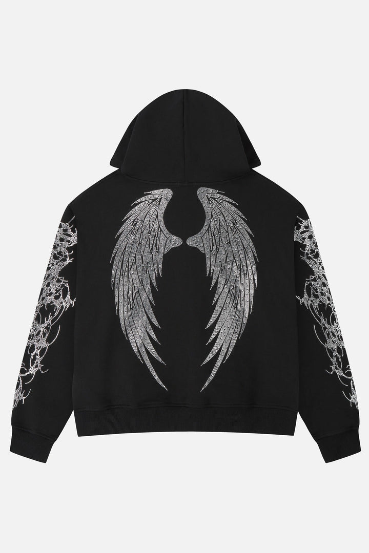 Women's black zip-up hoodie with rhinestone wing and thorn graphics