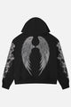 Women's black zip-up hoodie with rhinestone wing and thorn graphics