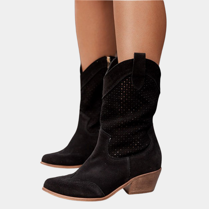 Women's perforated cowboy boots with pointed toe and low block heel