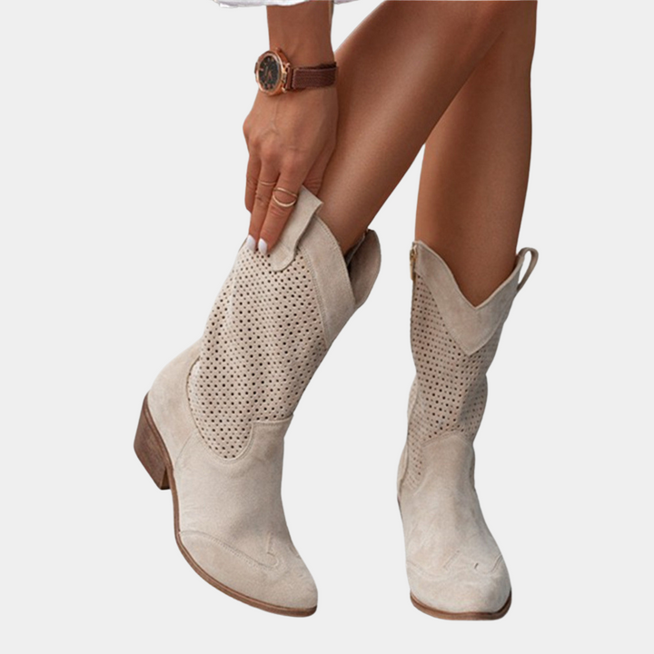 Women's perforated cowboy boots with pointed toe and low block heel