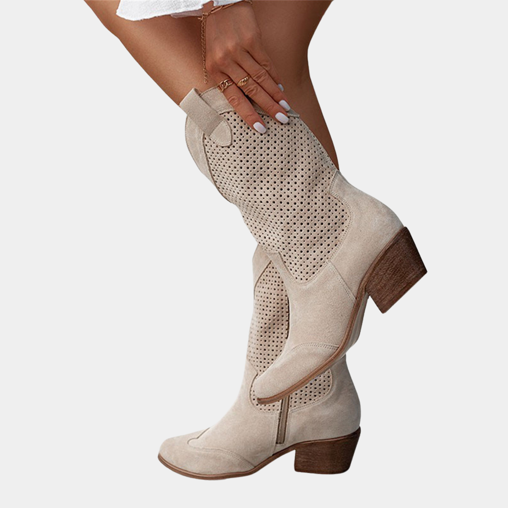 Women's perforated cowboy boots with pointed toe and low block heel