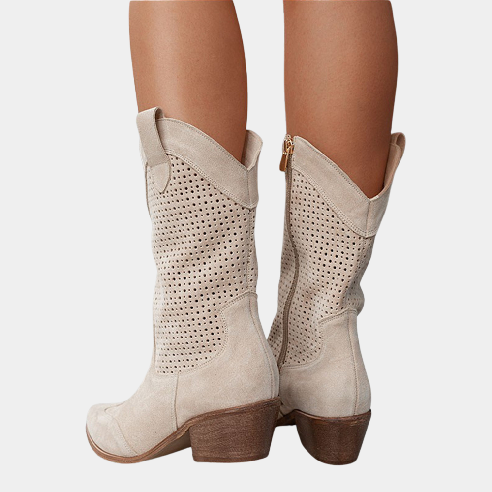 Women's perforated cowboy boots with pointed toe and low block heel