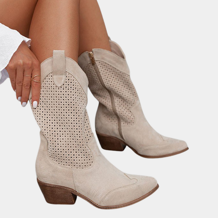 Women's perforated cowboy boots with pointed toe and low block heel